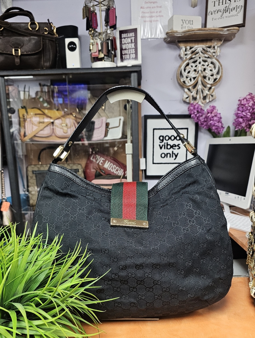 Gucci Black GG Canvas Shoulder Bag with Green-Red Web Stripe